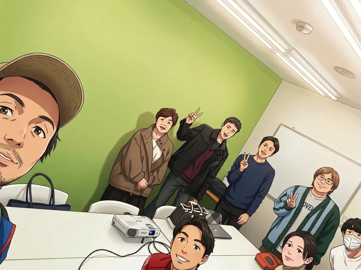 Vol.1 集合写真。参加者が笑顔でピースサインをしている福岡市内の会場の一コマ。